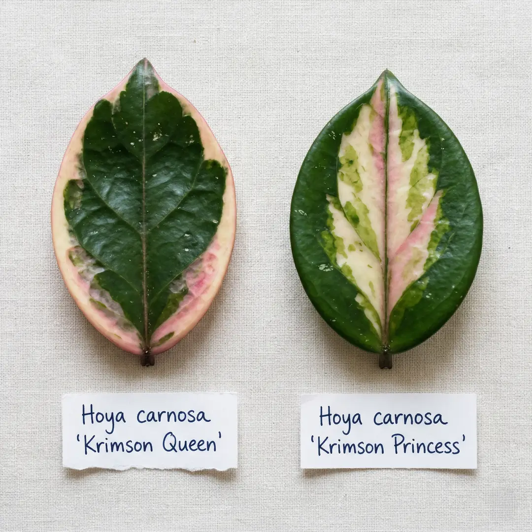 Side-by-side comparison of Hoya Crimson Queen leaf with cream outer margins next to Hoya Crimson Princess leaf with cream center