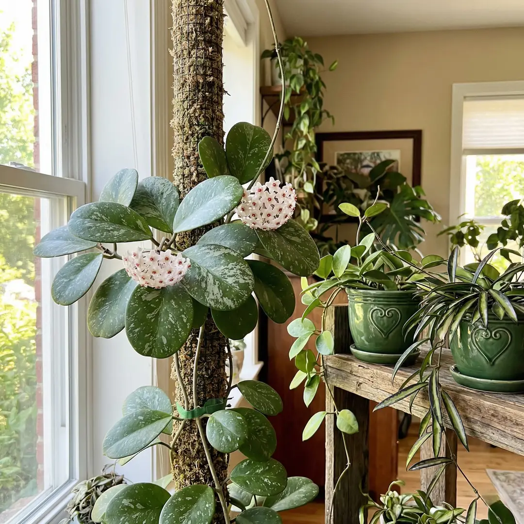 A mature Hoya Obovata 'Splash' trained on a tall moss pole near a bright window, with large rounded silver-splashed leaves fanning outward from the pole and two large white-and-pink flower umbels visible among the upper leaves, beside a hanging Hoya Australis and a smaller Hoya Wayetii in green ceramic pots with heart motifs on a wooden shelf, warm domestic light