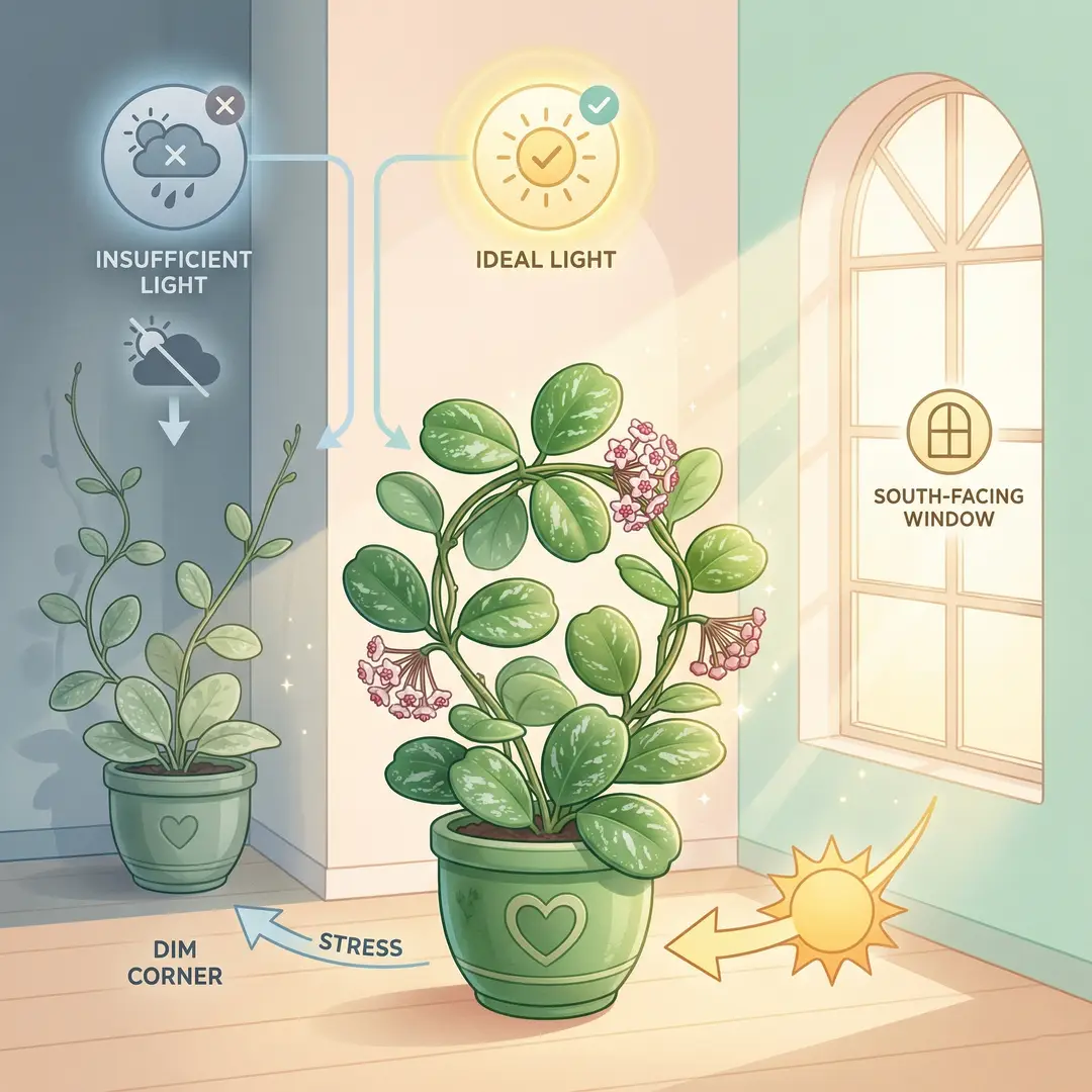 Ideal light conditions for Hoya Obovata: illustrated infographic showing the plant in bright indirect window light with large glossy silver-splashed leaves and visible flower buds, next to a dim corner location where the same plant has larger gaps between leaves and paler foliage, each in a green ceramic pot with heart motif