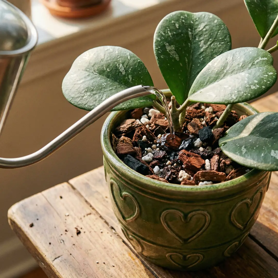Hoya Obovata in a green ceramic pot with heart motif being watered at soil level from a long-spouted watering can, showing chunky epiphytic potting mix visible at the surface, with several large rounded glossy silver-splashed leaves visible above the pot rim on a warm wooden surface