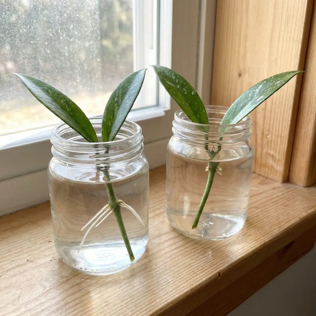 Three Hoya Pubicalyx stem cuttings with nodes and silver-splashed leaves rooting in small glass jars of water on a bright windowsill, each showing white roots 1-2 inches long from the submerged node section