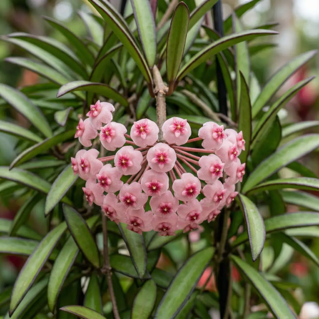 Close-up macro photograph of a Hoya Wayetii flower umbel showing a compact cluster of small pale pink star-shaped flowers with rose-pink center coronas, waxy and tightly packed, against a background of narrow dark red-margined green leaves, shallow depth of field with the front flowers sharp and the leaf background softly blurred