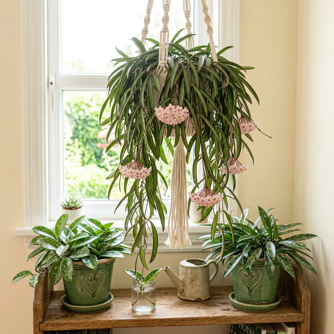 A mature Hoya Wayetii trailing in a macrame rope hanger near a bright east-facing window, with long narrow dark-red-margined vines cascading downward and several pale pink flower umbels visible among the leaves, and smaller Hoya Carnosa and Hoya Pubicalyx plants in green ceramic pots with heart motifs on a wooden shelf below, warm domestic atmosphere