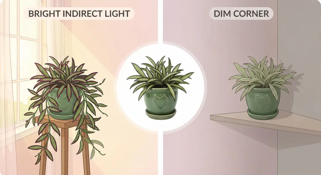 Ideal light conditions for Hoya Wayetii: illustrated infographic showing the plant in bright indirect window light with vivid dark red-purple leaf margins on the left versus a dim corner location with faded nearly-green margins on the right, each in a green ceramic pot with heart motif