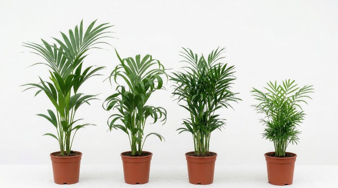 Side-by-side comparison showing Kentia Palm, Curly Kentia Palm, Bamboo Palm, and Parlor Palm in matching square nursery pots for a clear shape comparison.