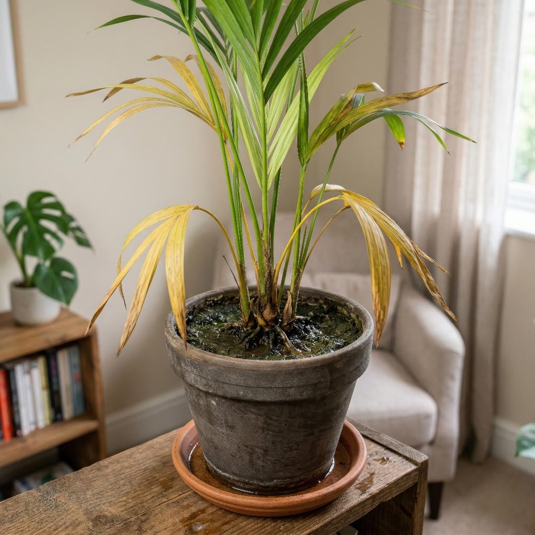 A square diagnostic image of an overwatered Kentia Palm with yellowing lower fronds, soft soil, and a pot that looks too wet around the root zone.