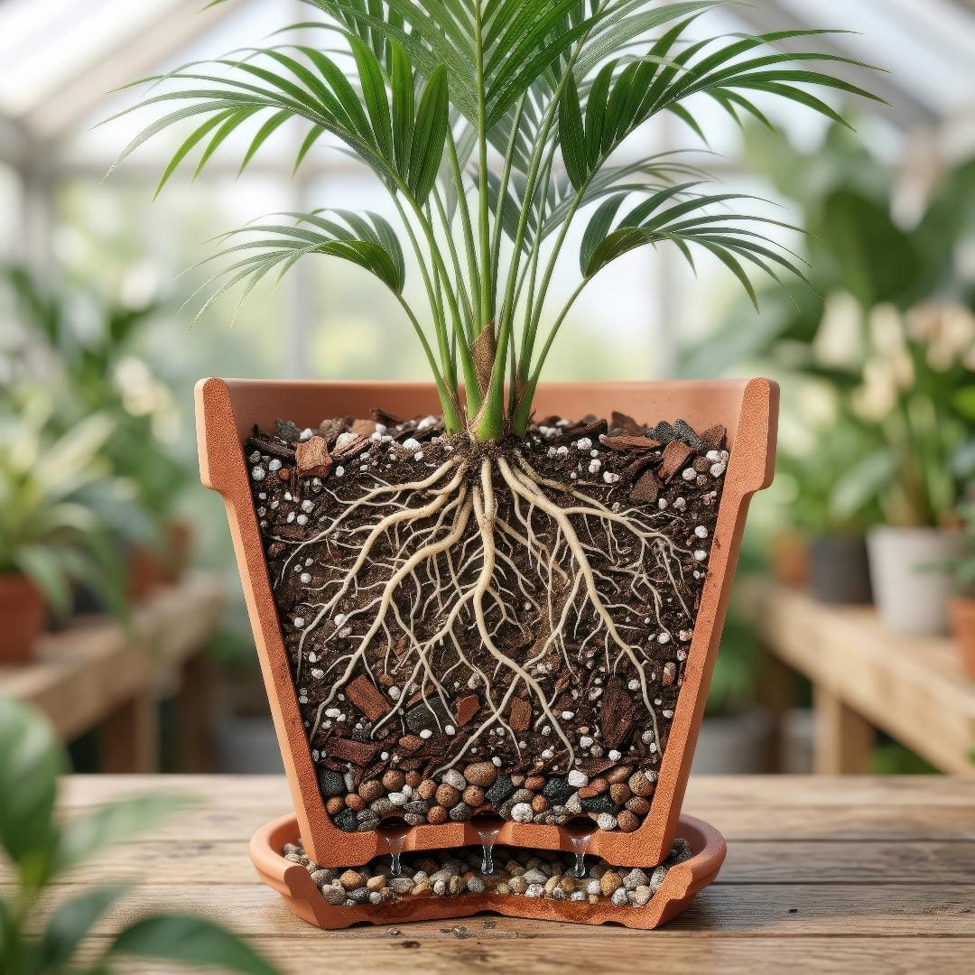 A square diagram of a Kentia Palm pot showing a loose palm soil mix, airy roots, and drainage holes that keep the soil moist but never soggy.