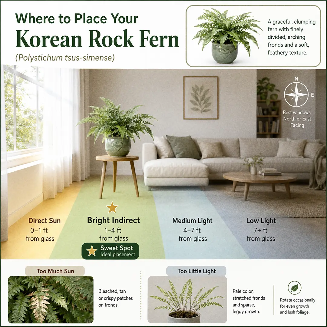 A labeled square light-zone diagram showing a Korean Rock Fern in a green ceramic pot with a heart motif placed in its sweet spot on a table one to three feet from a north or east window, with color-washed zones for direct sun, bright indirect, medium, and low light, a compass icon marking N and E as ideal, and small thumbnails showing bleached scorched fronds from too much sun and sparse stretched growth from too little
