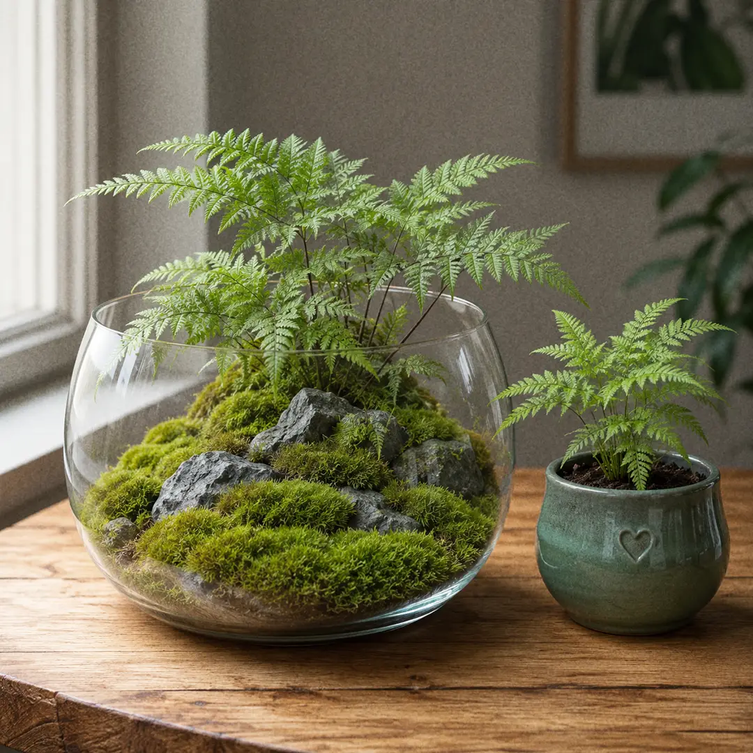 An open glass terrarium containing a small Korean Rock Fern planted among cushion moss and small weathered stones, its finely cut dark-stemmed fronds arching over the moss, sitting on a wooden desk in soft window light with a green ceramic pot with a heart motif visible beside the terrarium