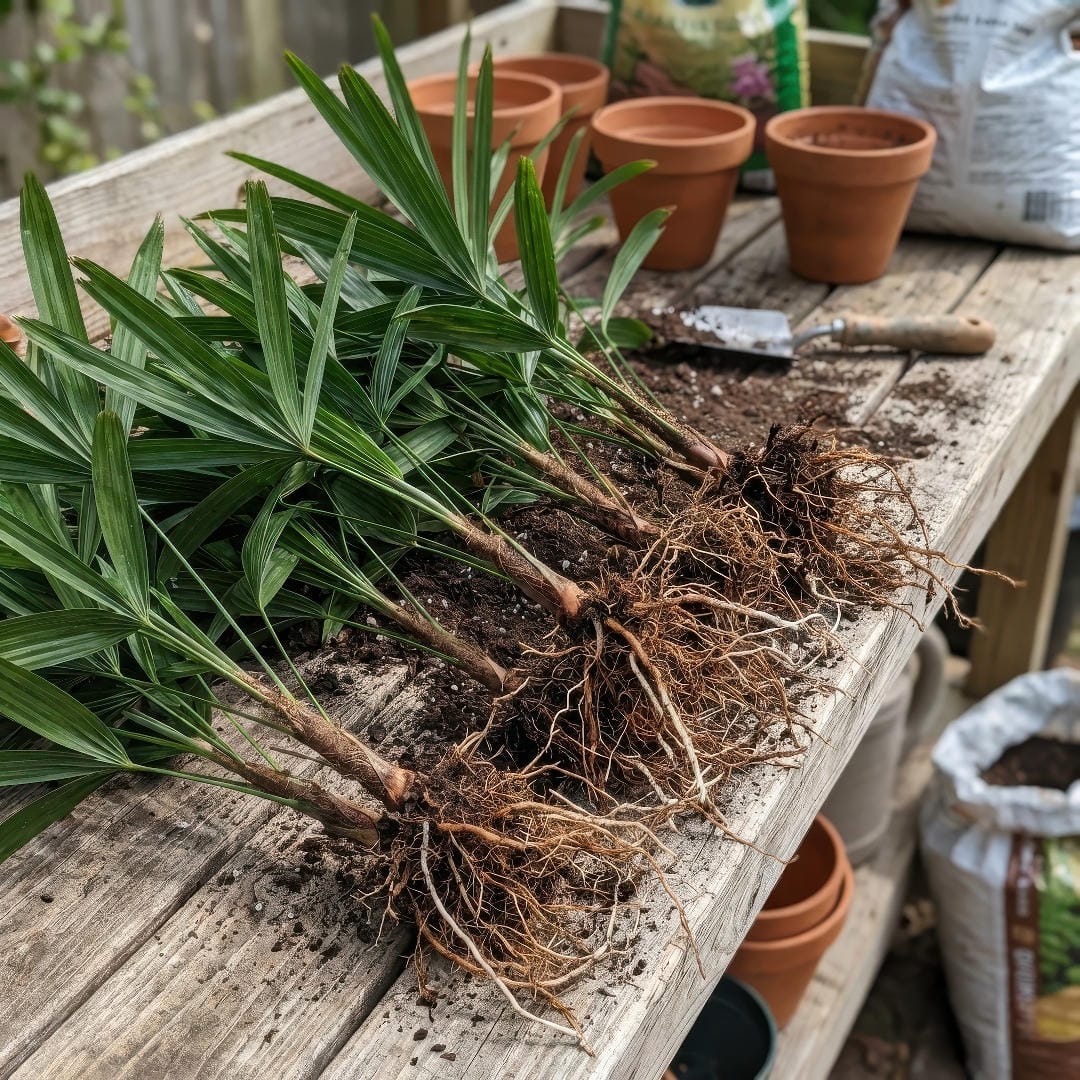 A mature Lady Palm clump divided during repotting, showing rooted sections ready for separate pots.