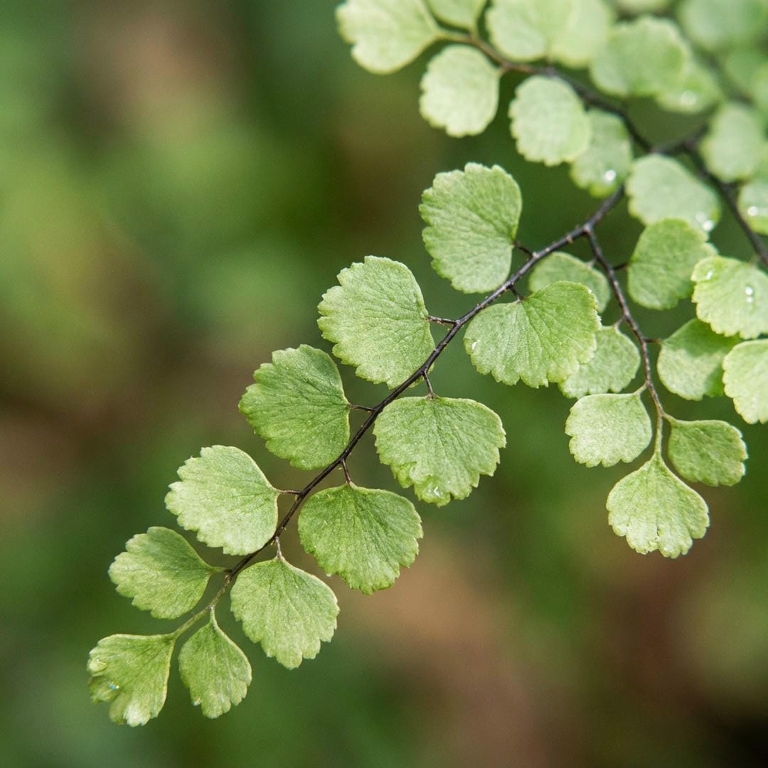 Extreme close-up of the lemon button fern's distinctive round, button-like leaflets on a dark stem.