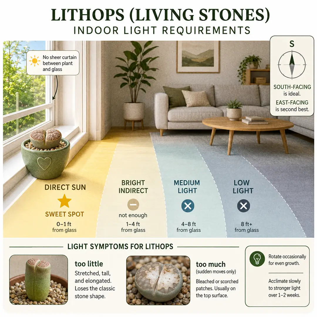 Infographic light guide showing a Lithops in a green ceramic pot with a heart motif placed on a south-facing windowsill in the direct sun zone, with labeled light zones and distance markers