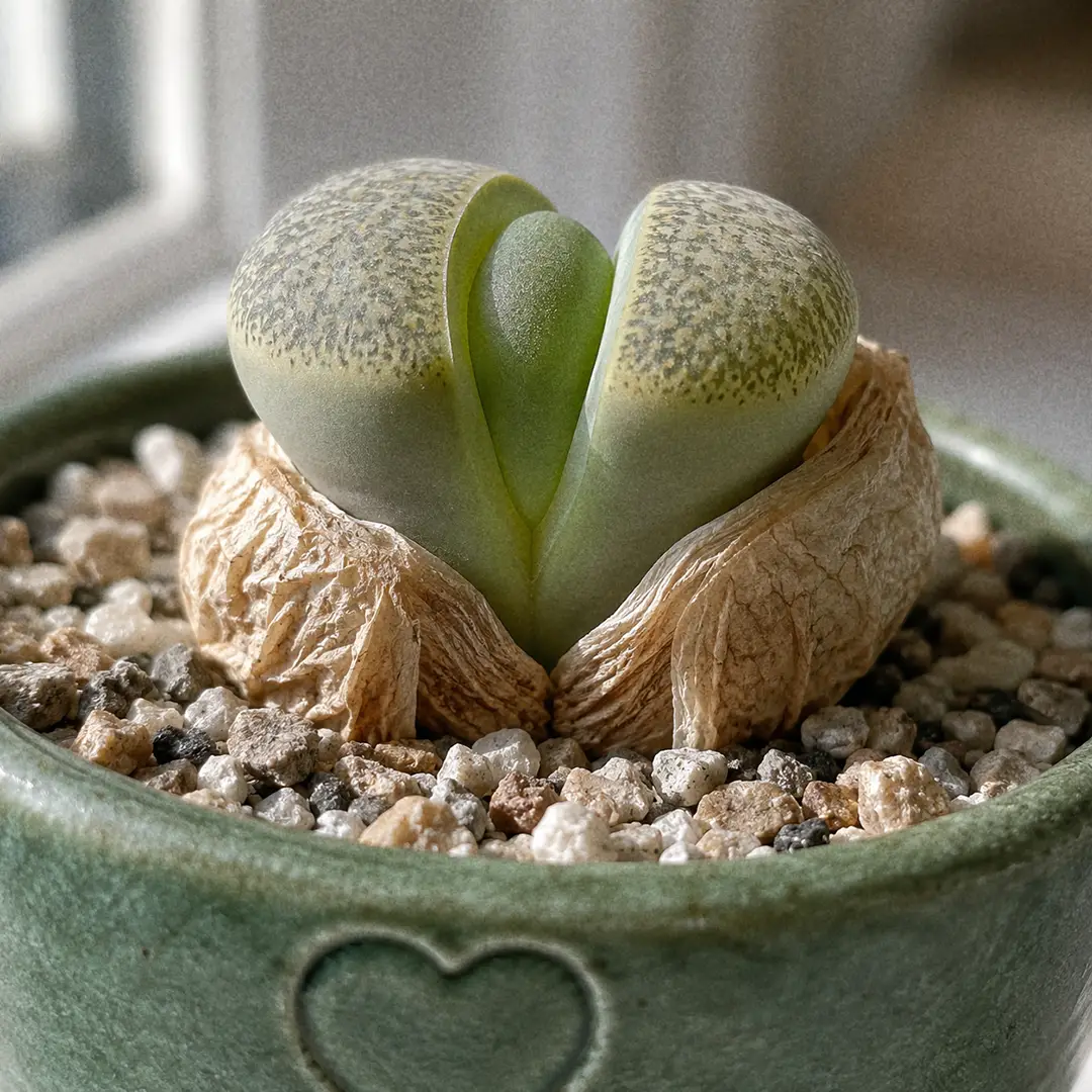 Macro of a Lithops mid-split, with a fresh new leaf pair emerging through the fissure while the old outer leaves shrivel into papery husks around it