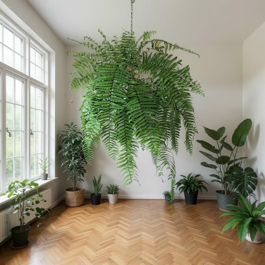 A massive Macho Fern in a hanging basket, serving as a stunning centerpiece in a bright room.