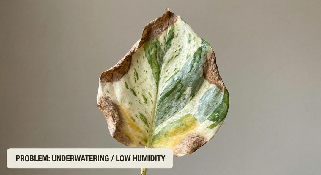 Manjula Pothos showing brown crispy edges on variegated leaves