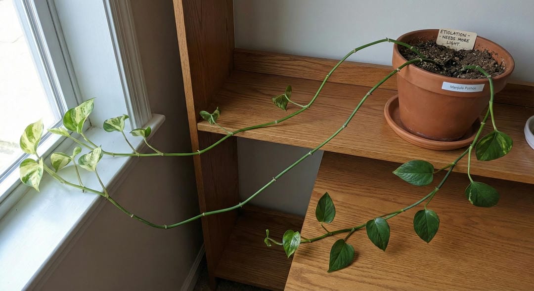 Manjula Pothos showing leggy growth from insufficient light