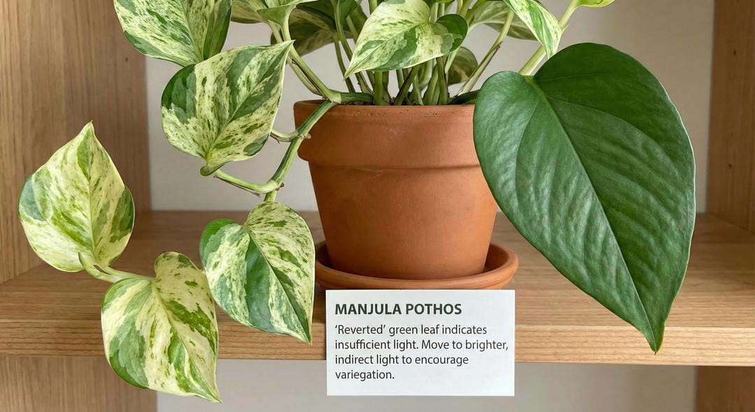 Manjula Pothos showing reverting solid green leaves alongside variegated leaves