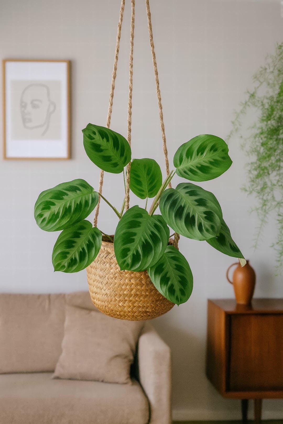 A lush Maranta leuconeura plant thriving in a woven macrame hanging basket, with its leaves cascading gracefully over the sides.