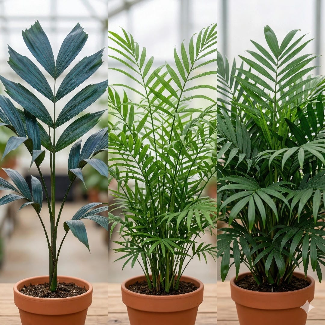 Side-by-side comparison of Metallic Palm with Parlor Palm and Cat Palm, showing the darker, broader, more metallic leaflets of Chamaedorea metallica.