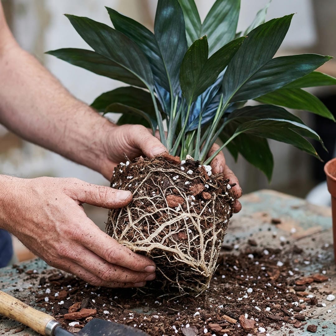 A Metallic Palm being lifted from its nursery pot to show a healthy root ball with fine white roots and an airy potting mix.