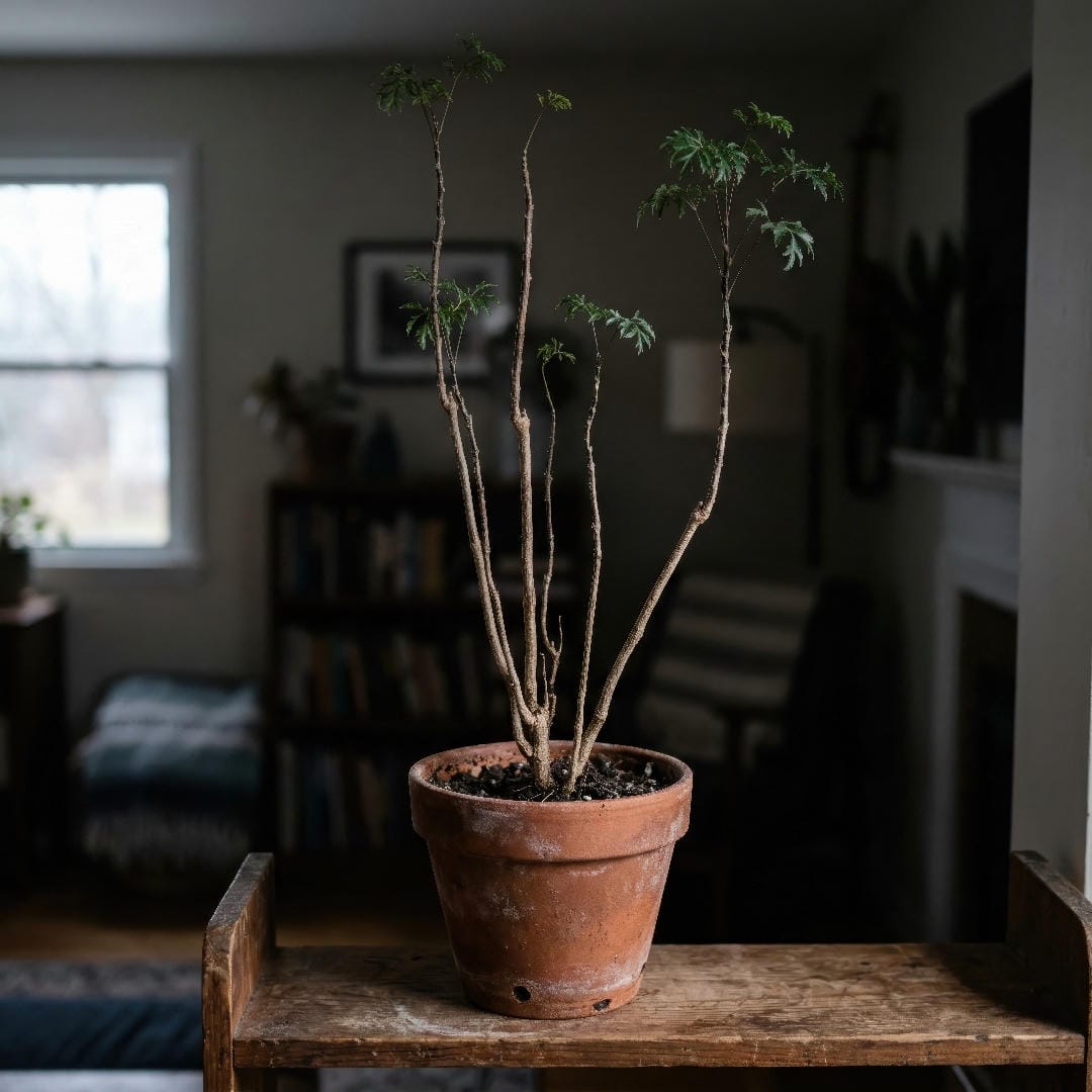 Ming Aralia with long bare stems and sparse leaf clusters from insufficient light.