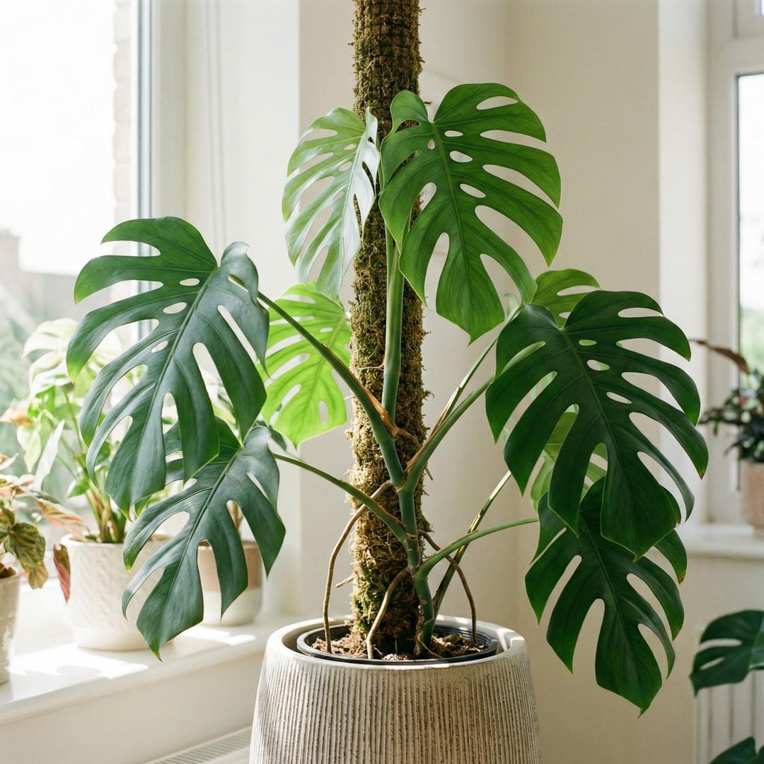 Mini Monstera climbing a moss pole with mature leaves