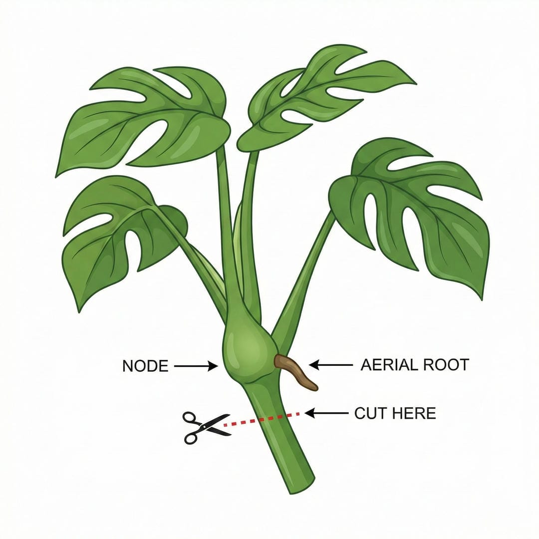 Mini Monstera node structure diagram showing where to cut