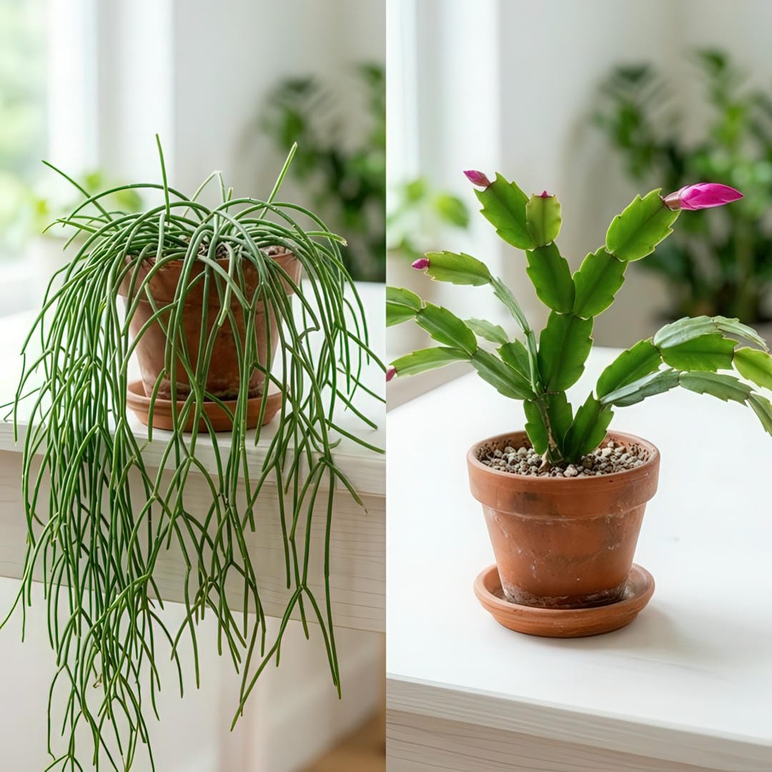 Side-by-side comparison showing the thin cylindrical trailing stems of Mistletoe Cactus next to the flat segmented stems of Christmas Cactus, both in hanging planters