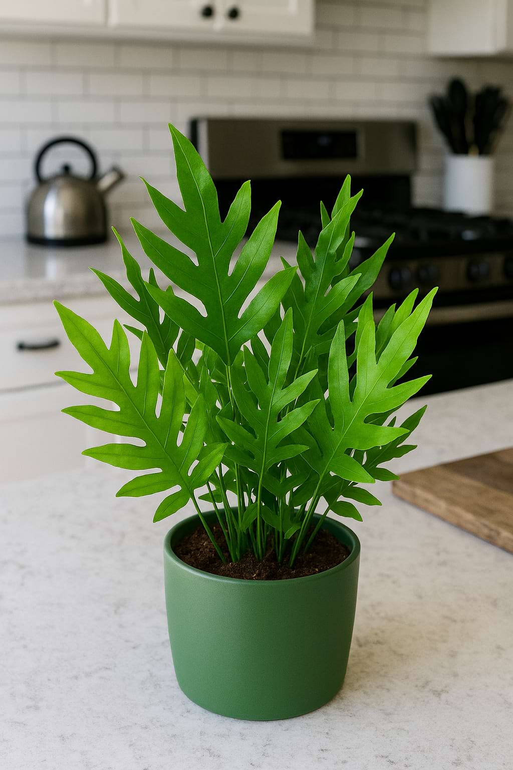 Monarch Fern in a decorative pot displayed as a centerpiece on a kitchen counter