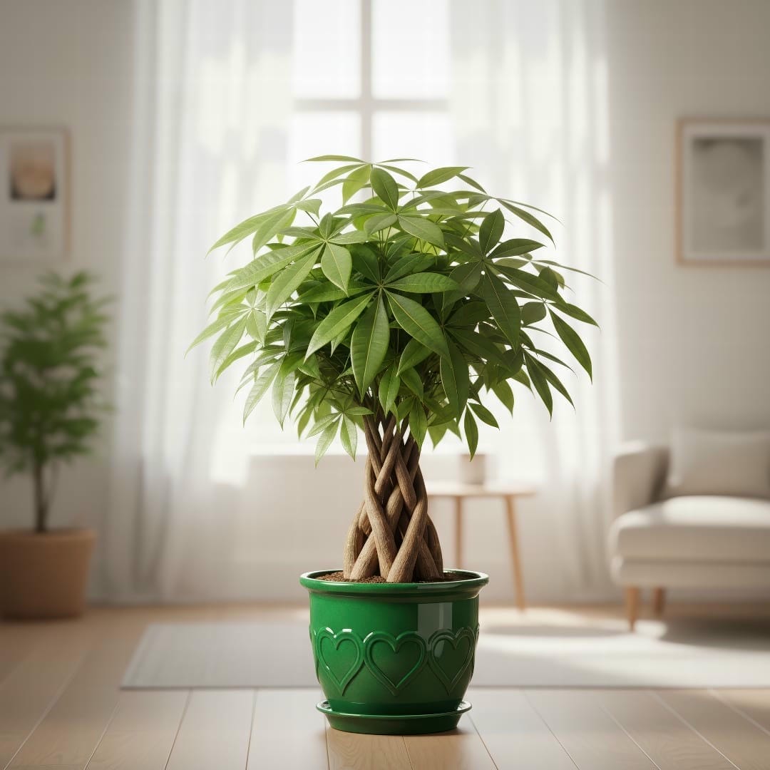 A Money Tree in a bright room with indirect light from a window.