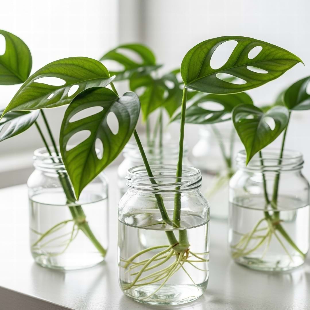 Several Monstera adansonii cuttings rooting in clear glass jars of water, showing new white roots sprouting from the nodes.