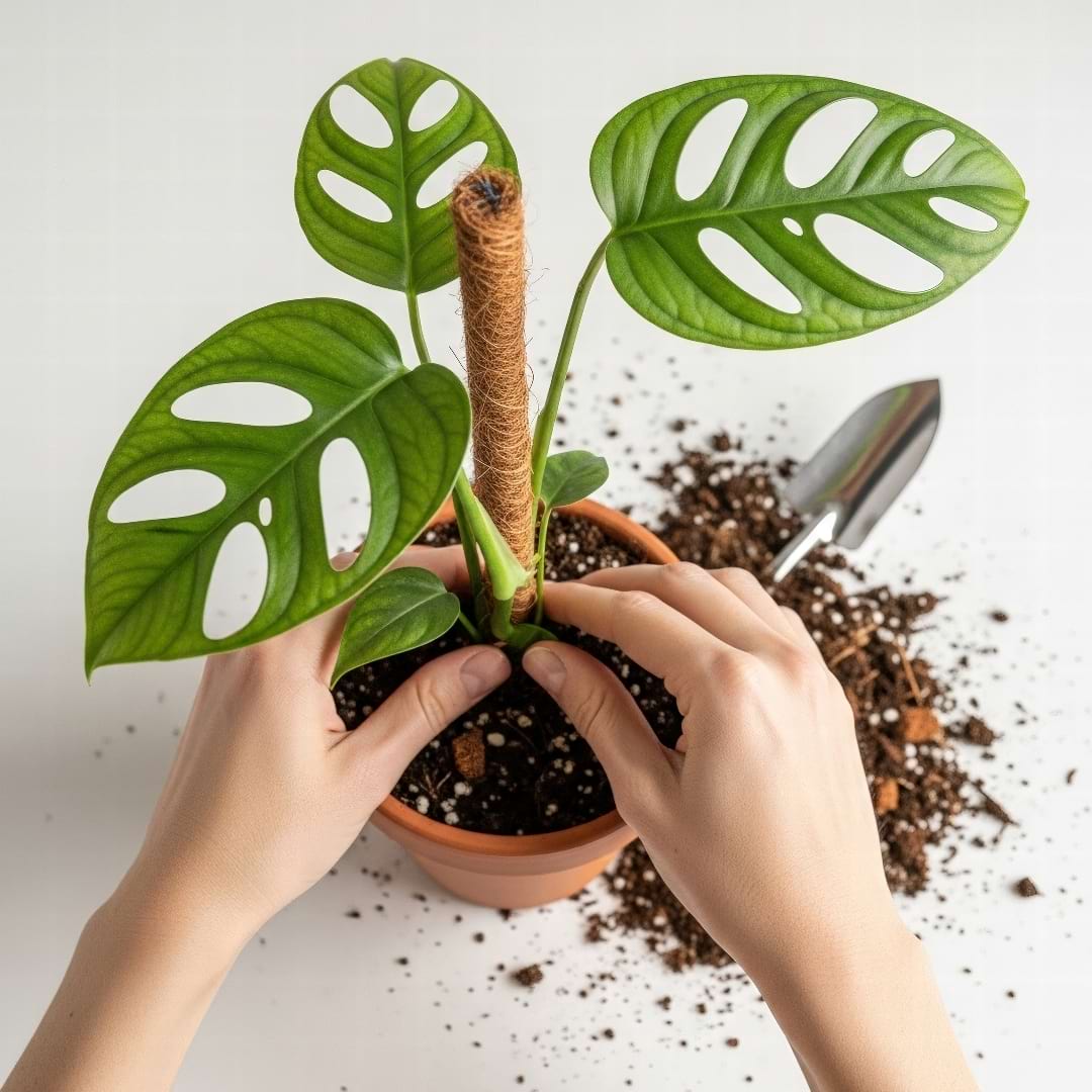 Hands carefully repotting a Monstera adansonii, showing the process of inserting a moss pole into the new pot to provide climbing support.