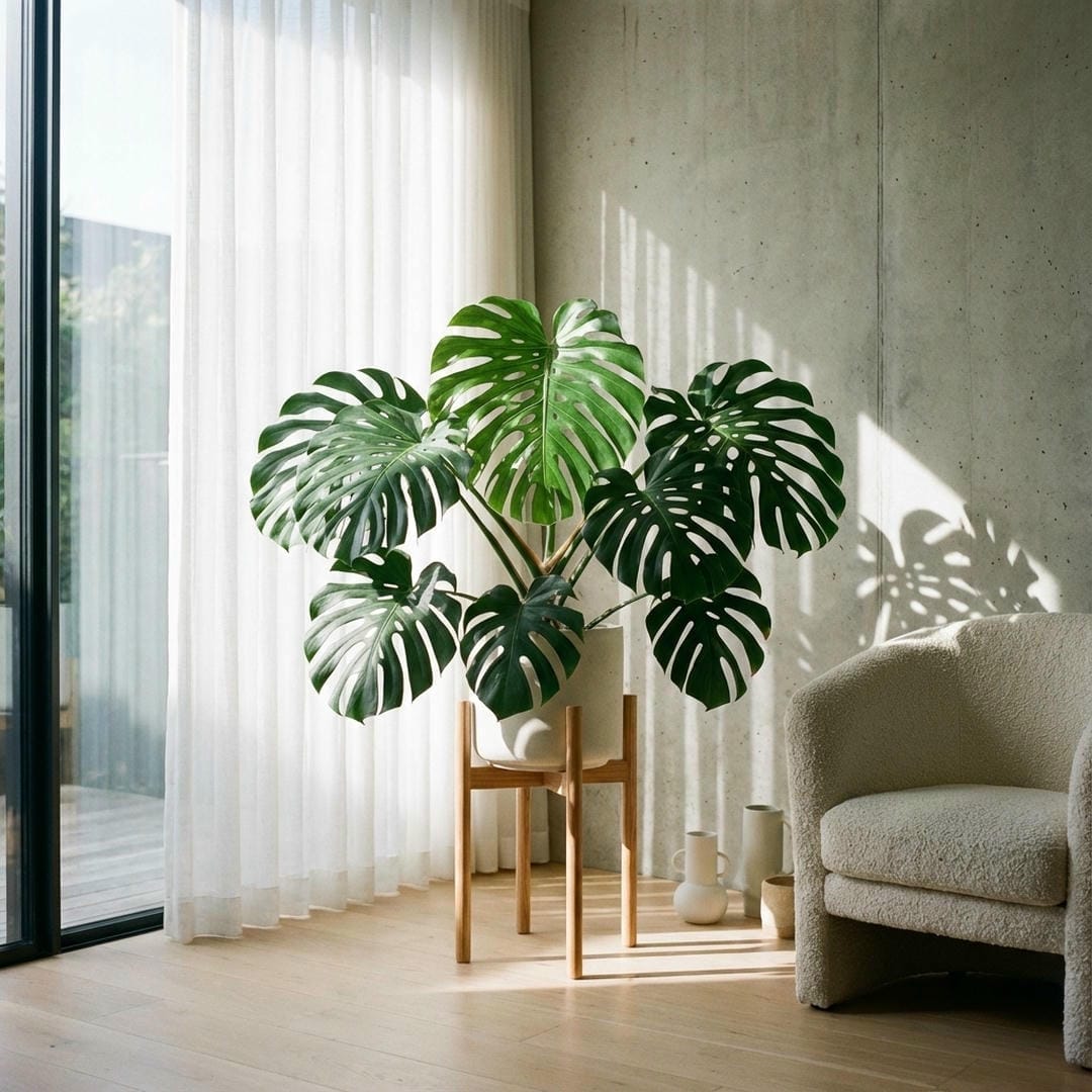 A Monstera Burle Marx Flame sitting near a bright window, basking in filtered sunlight