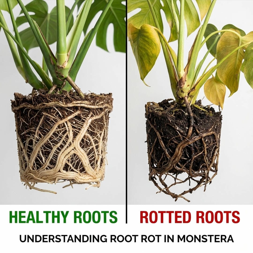 Illustration of healthy white roots versus dark, mushy rotting roots