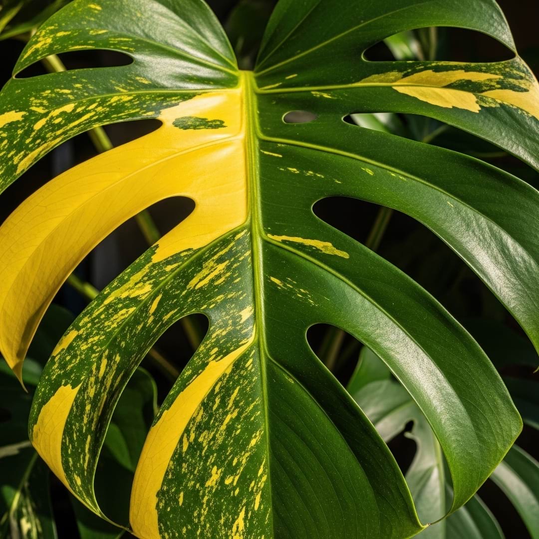 A vibrant close-up of a Monstera 'Aurea' leaf, highlighting the golden-yellow sectoral variegation against the green leaf.