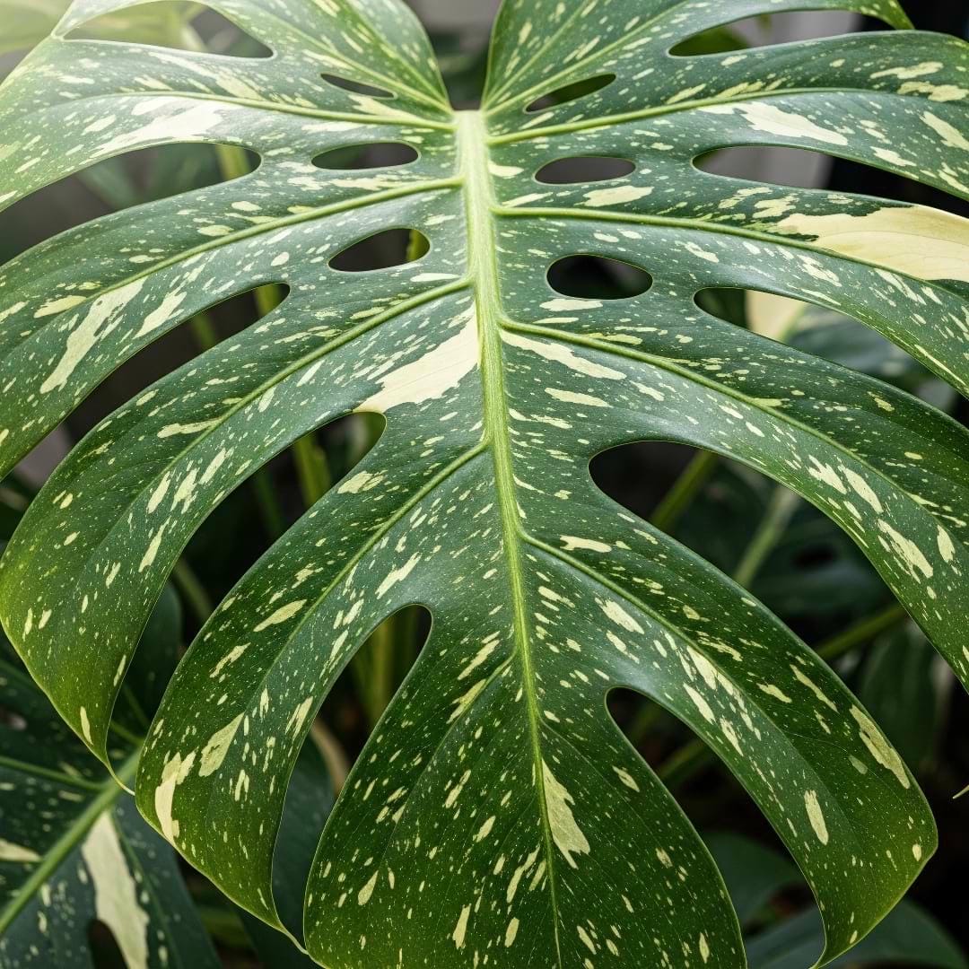 A detailed close-up of a Monstera 'Thai Constellation' leaf, showing its characteristic creamy, star-like speckles on a deep green surface.