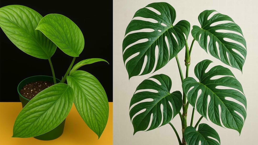 A split-screen image showing the solid, textured juvenile leaf of a Monstera pinnatipartita on one side, and the large, deeply fenestrated mature leaf on the other.