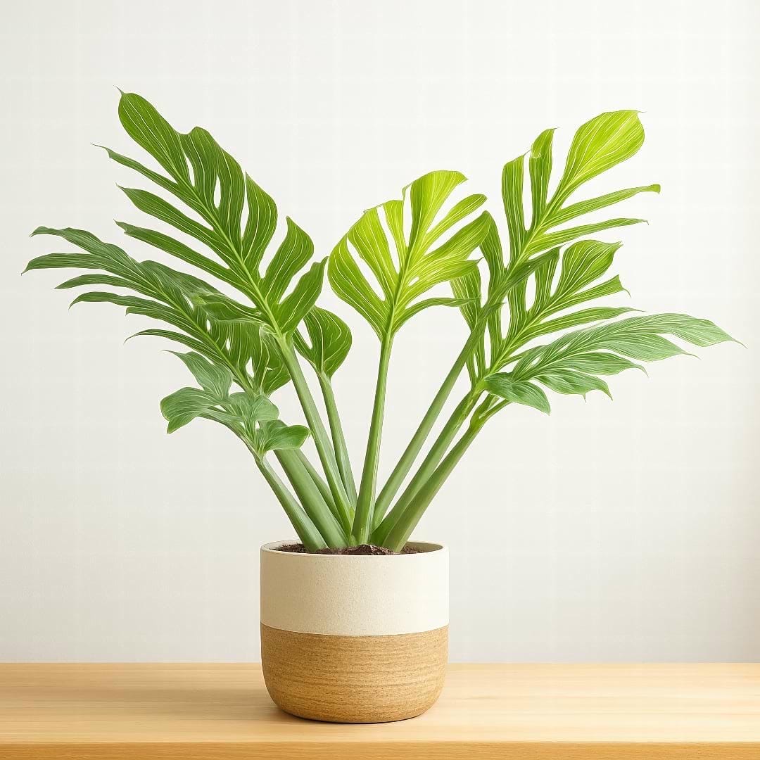 A healthy Monstera pinnatipartita plant with textured juvenile leaves in a stylish pot.