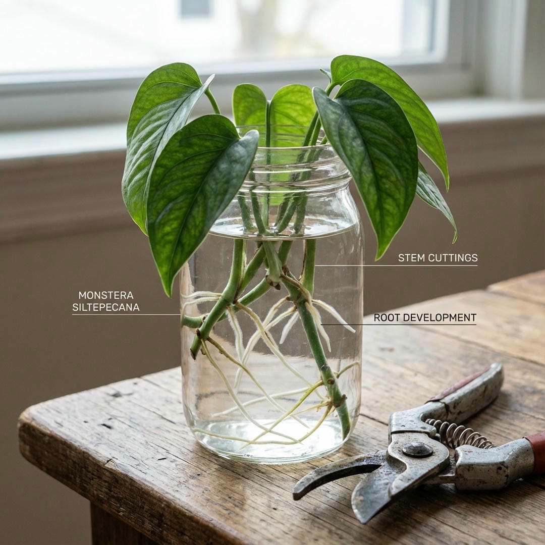 Potted Monstera siltepecana showing trailing growth