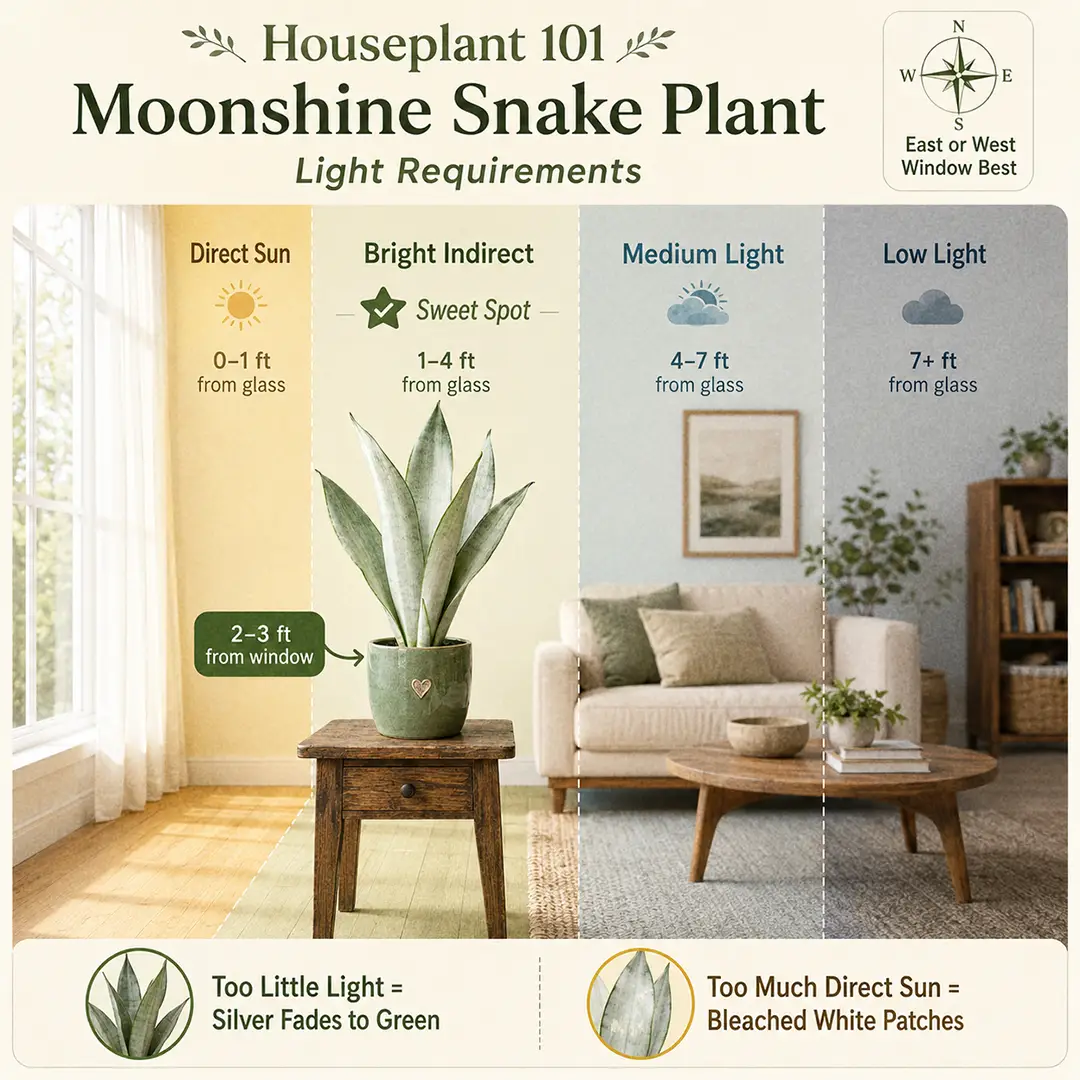 Light placement diagram showing the Moonshine Snake Plant in a green ceramic pot with a heart motif positioned in the bright indirect zone two to three feet from an east-facing window, with color-coded zones for direct sun, bright indirect, medium light, and low light, plus small icons showing faded silver and scorched leaf signs