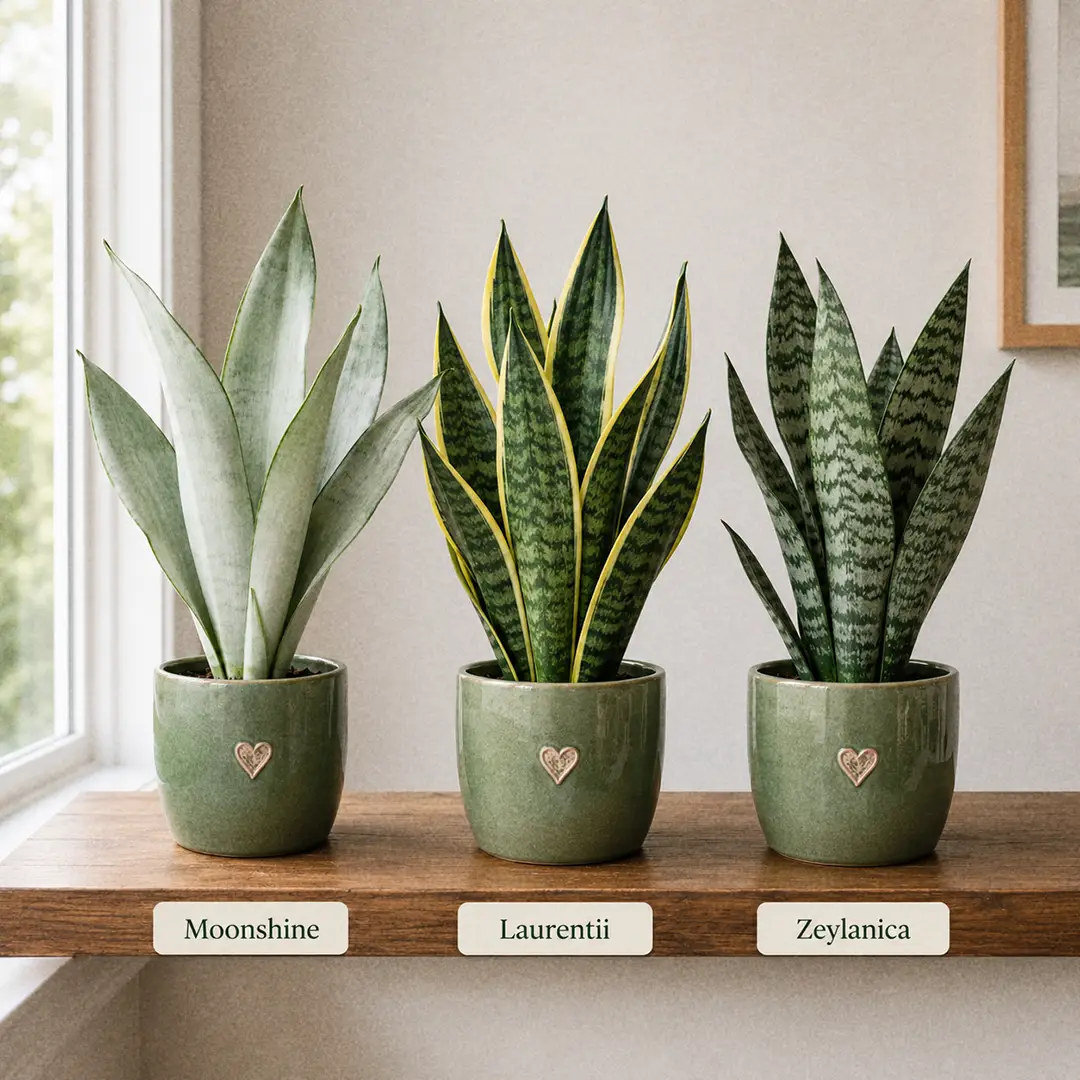 Three snake plant cultivars side by side in matching green ceramic pots with heart motifs: the silvery pale Moonshine on the left, the classic yellow-edged Laurentii in the center, and the dark wavy-banded Zeylanica on the right, on a wooden shelf in soft window light