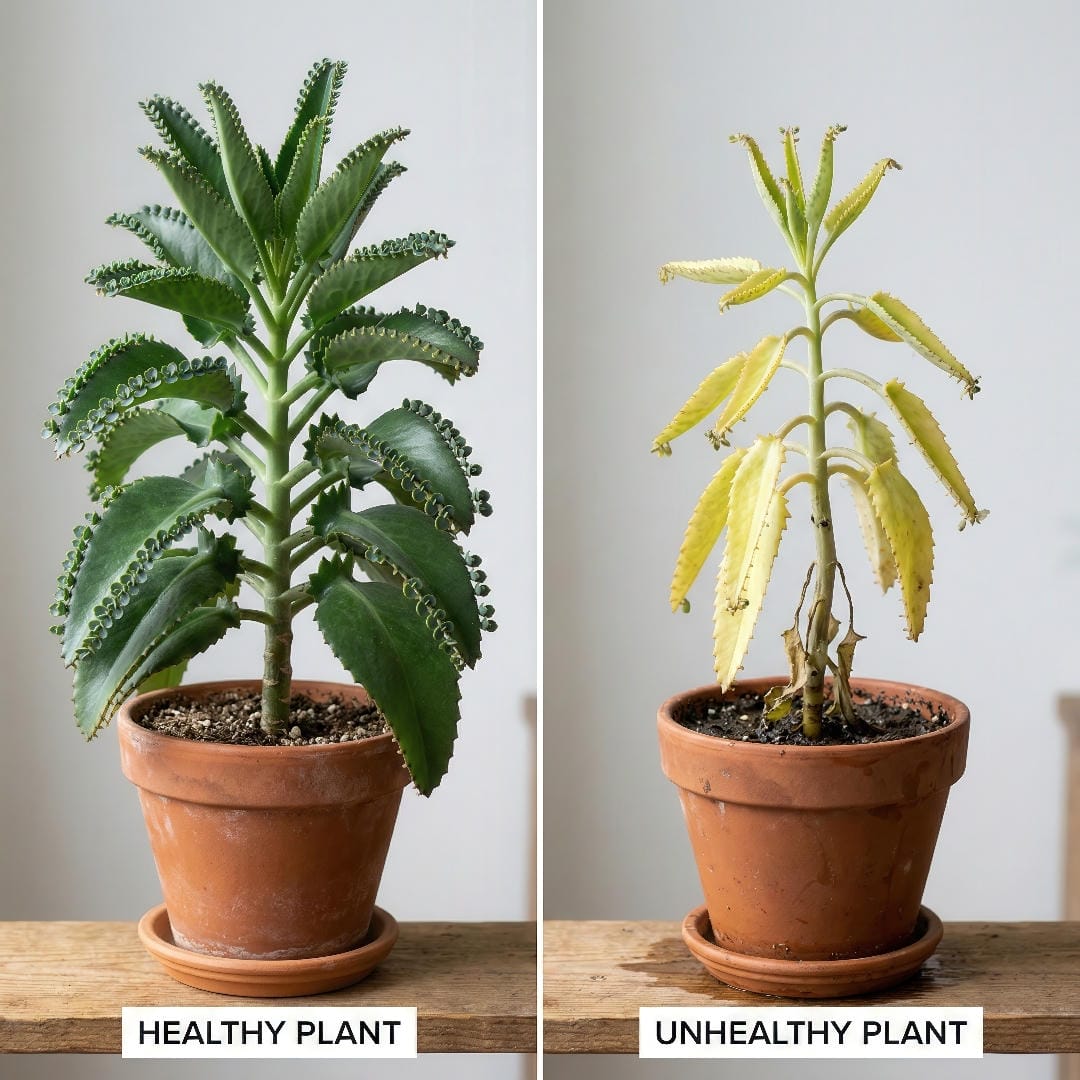 Split comparison image showing a healthy Mother of Thousands with an upright sturdy stem and full green leaves covered in vigorous plantlets on the left and a stressed plant with yellowing droopy leaves a soft stem base and sparse stretched growth on the right