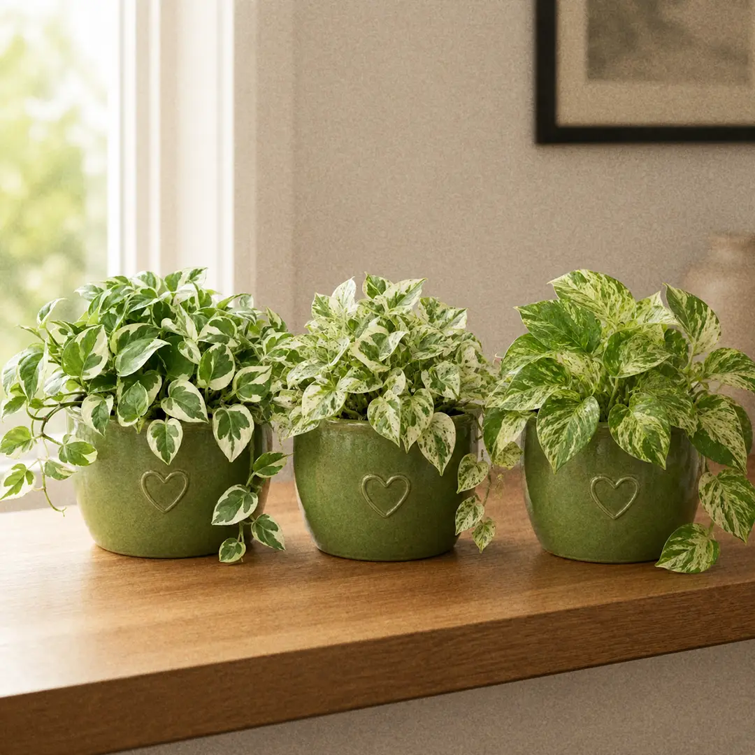 Three small variegated Pothos cultivars side by side on a wooden shelf in matching green ceramic pots with a heart motif: N'Joy with clean green-and-white blocks, Pearls and Jade with speckled white margins, and Marble Queen with all-over cream marbling