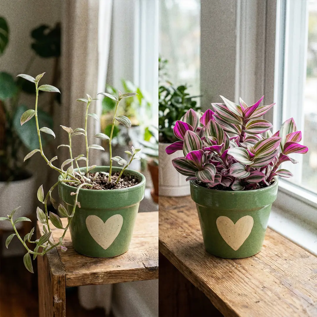 Side-by-side comparison of leggy faded Nanouk and compact brightly colored Nanouk showing the effect of good light and pruning.