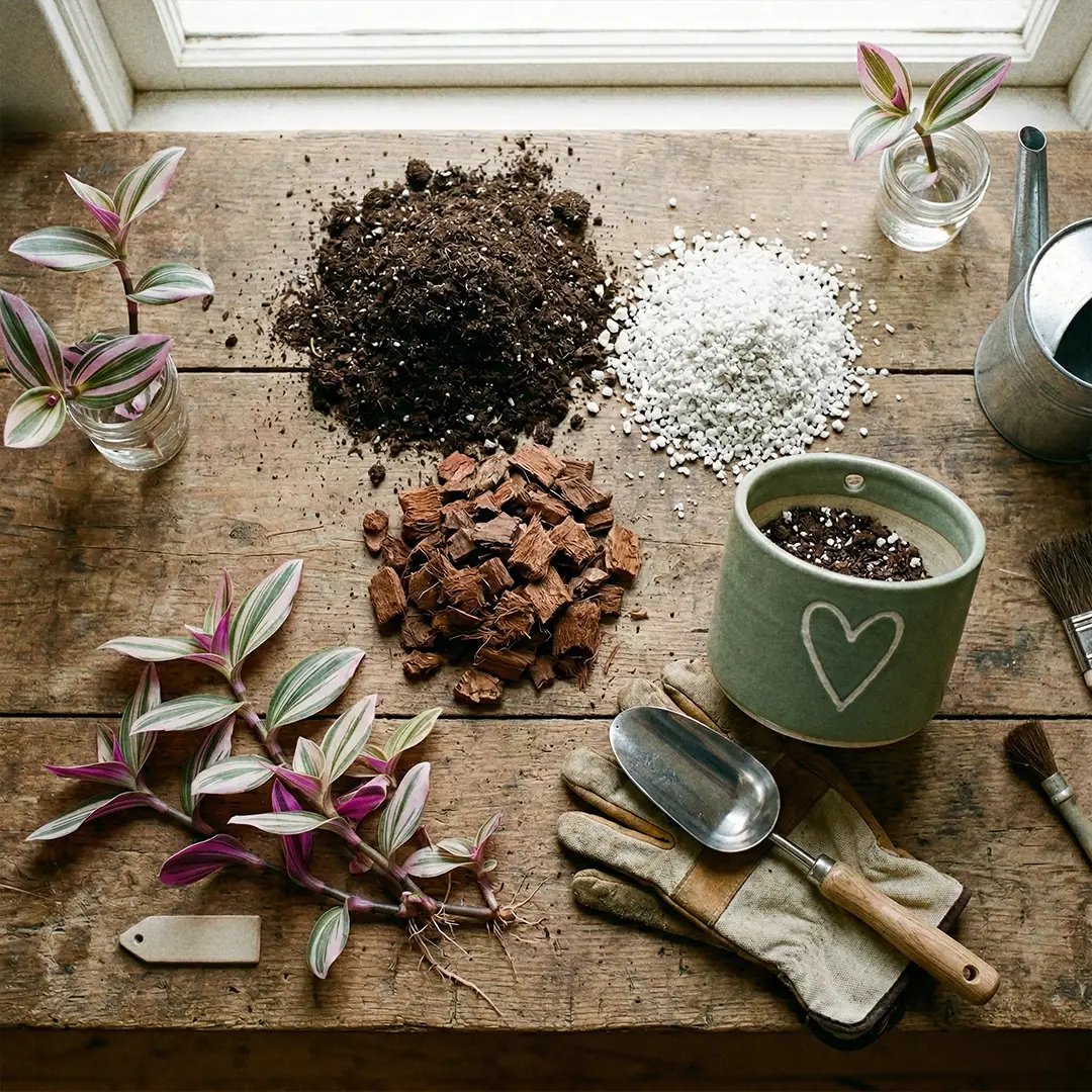 Ingredients for a Nanouk potting mix including indoor soil, perlite, bark, and a scoop beside a green pot with a heart motif.