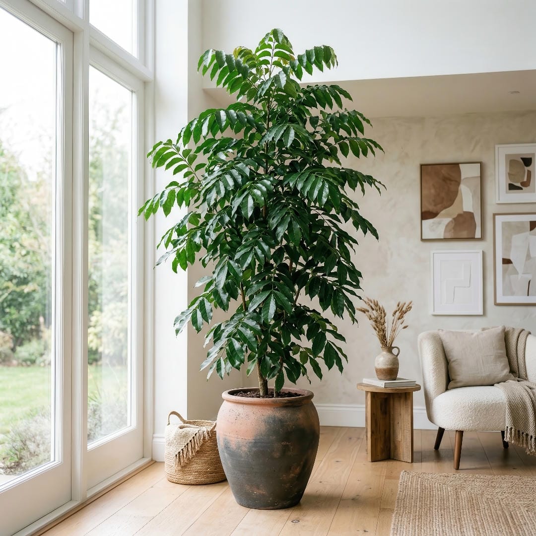 Natal Mahogany displayed as a tall indoor specimen tree in a clean planter, creating a strong green focal point in a bright room.