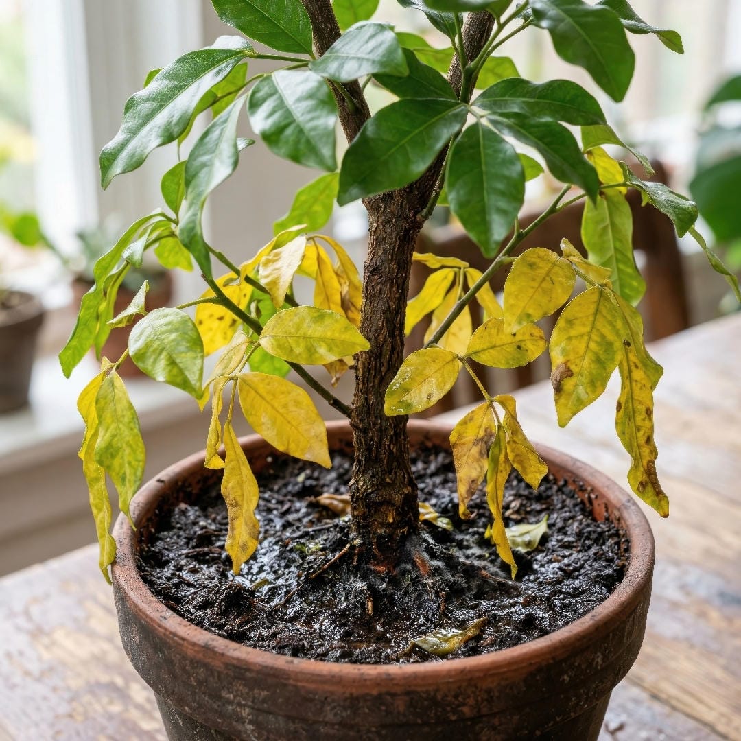 An overwatered Natal Mahogany with yellowing lower leaves, dull foliage, and soil that looks too wet around the root zone.