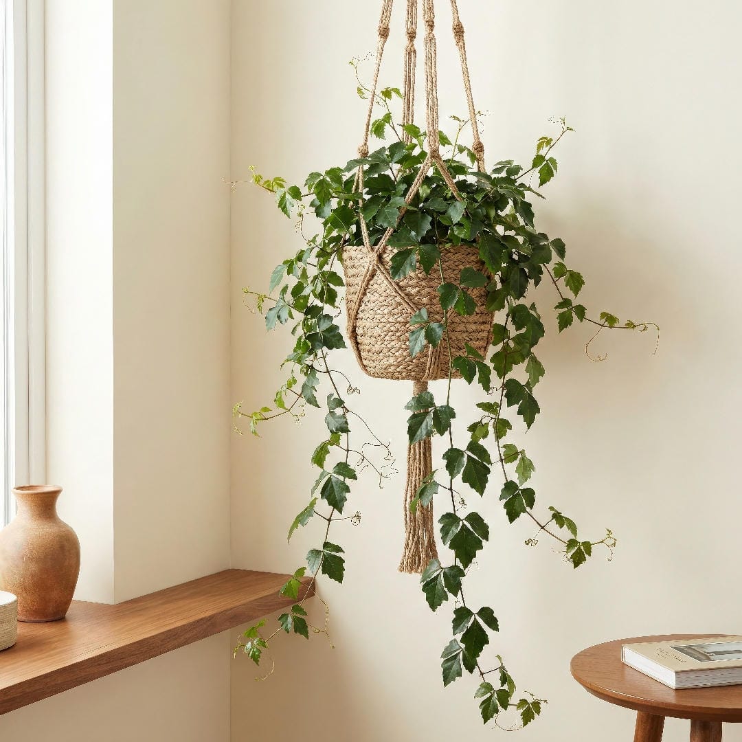 Oak Leaf Ivy in a woven hanging basket with long vines cascading down elegantly against a light wall