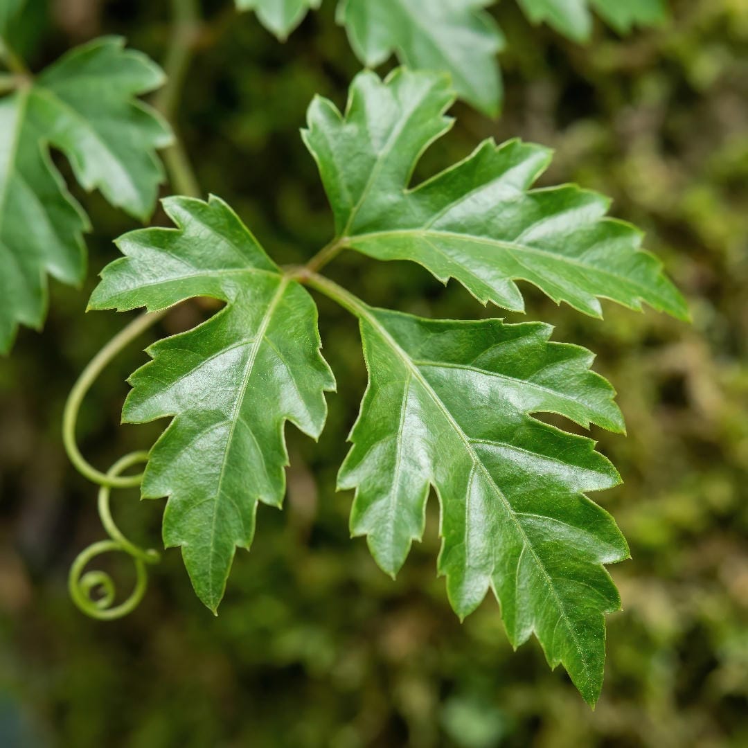 Macro close-up of healthy Oak Leaf Ivy leaves showing the deeply-lobed lacy structure