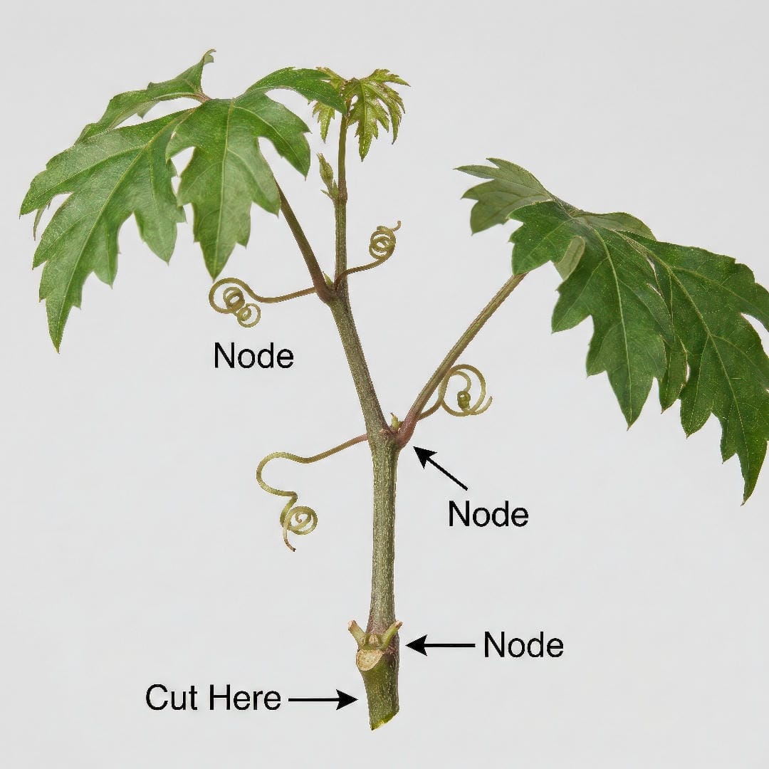 Close-up diagram of an Oak Leaf Ivy stem showing the node, tendril, and leaf structure with arrows indicating where to cut for propagation
